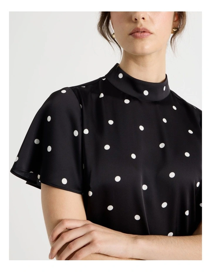 Short Sleeve High Neck Satin Top in Black and White Polka Dot image 7