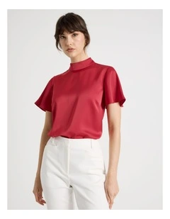 Short Sleeve High Neck Satin Top in Red