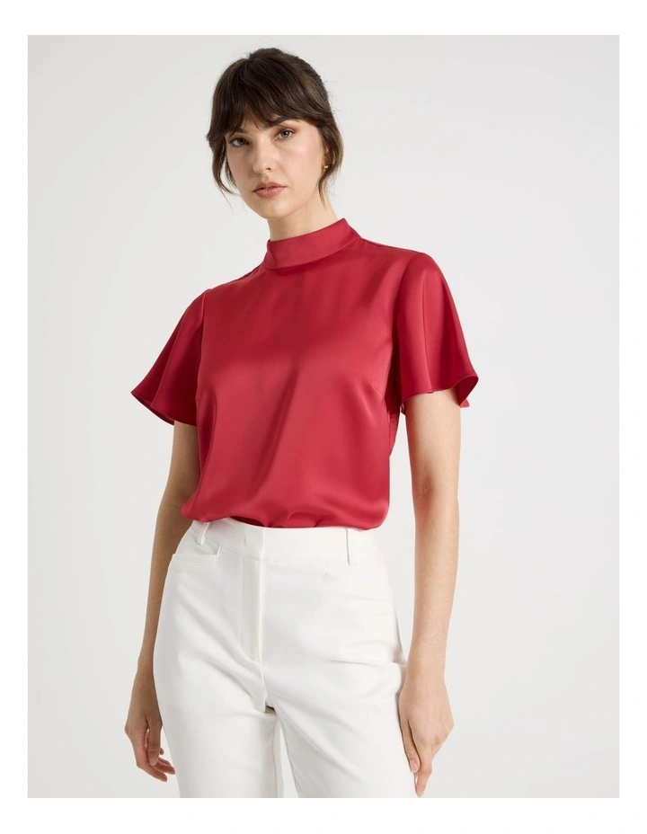 Short Sleeve High Neck Satin Top in Red image 1