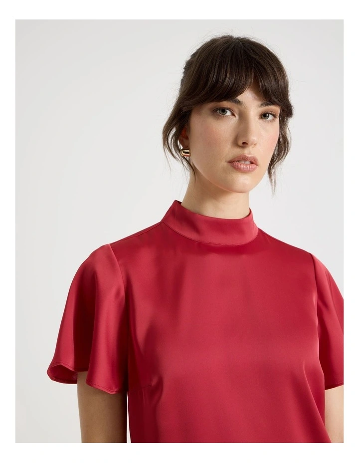 Short Sleeve High Neck Satin Top in Red image 2
