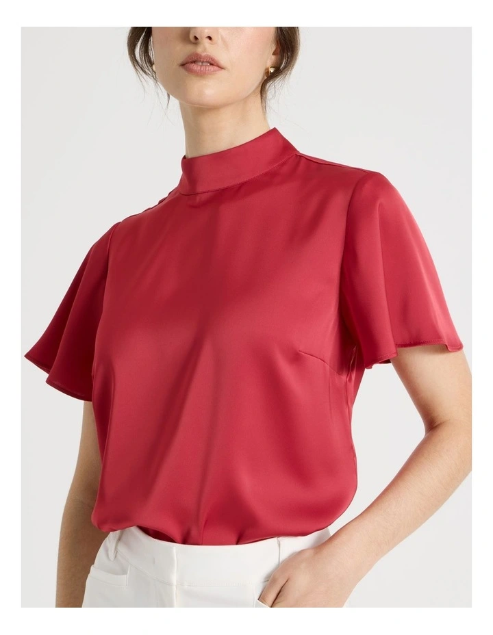 Short Sleeve High Neck Satin Top in Red image 4