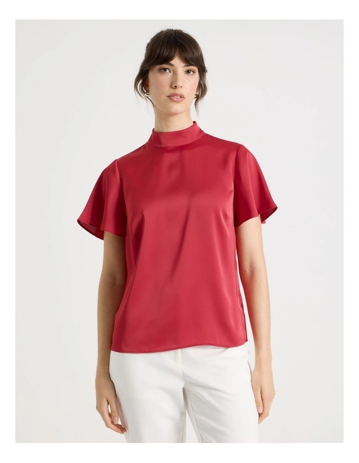 Short Sleeve High Neck Satin Top in Red image 5