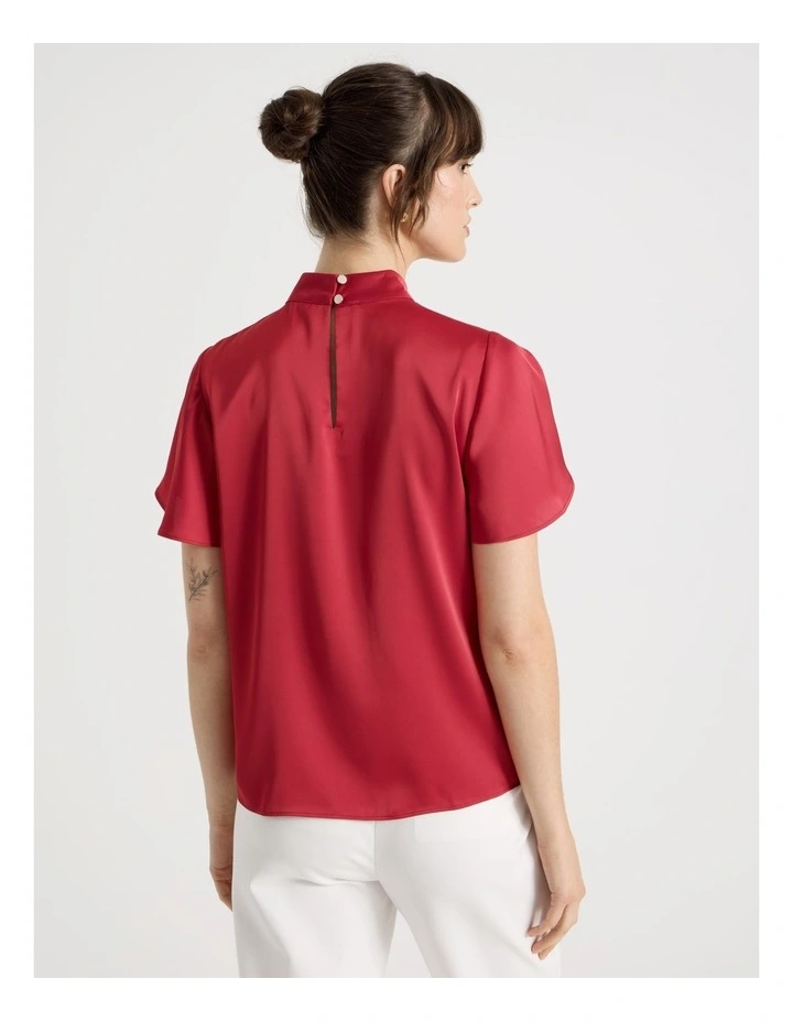 Short Sleeve High Neck Satin Top in Red image 6