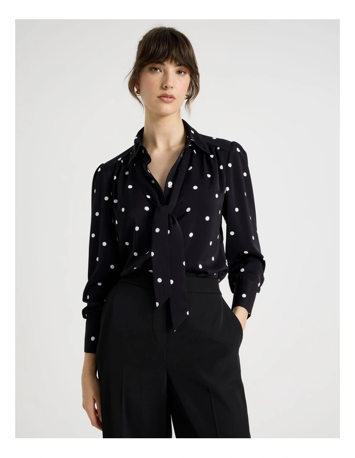 Long Sleeve Georgette Blouse in Black and White Polka Dot Print image 1