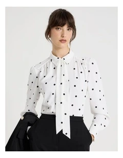 Long Sleeve Georgette Blouse in White and Black Polka Dot Print