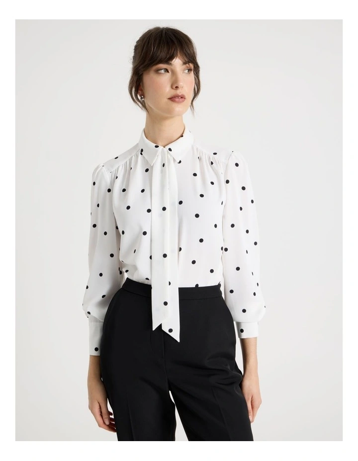 Long Sleeve Georgette Blouse in White and Black Polka Dot Print image 3