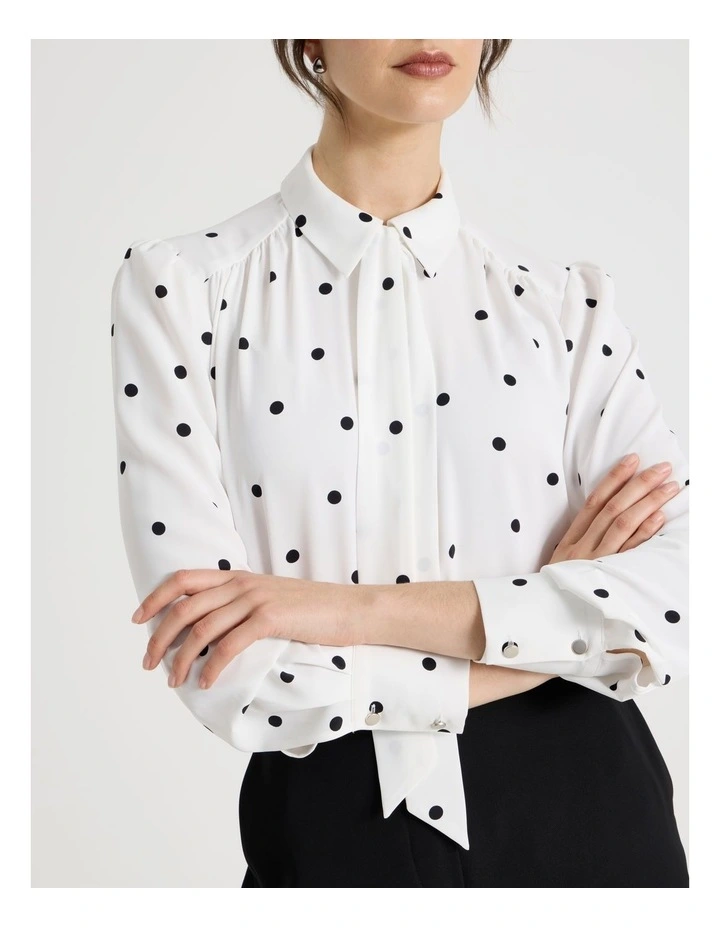 Long Sleeve Georgette Blouse in White and Black Polka Dot Print image 4