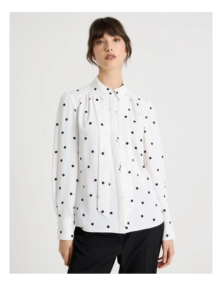 Long Sleeve Georgette Blouse in White and Black Polka Dot Print image 5