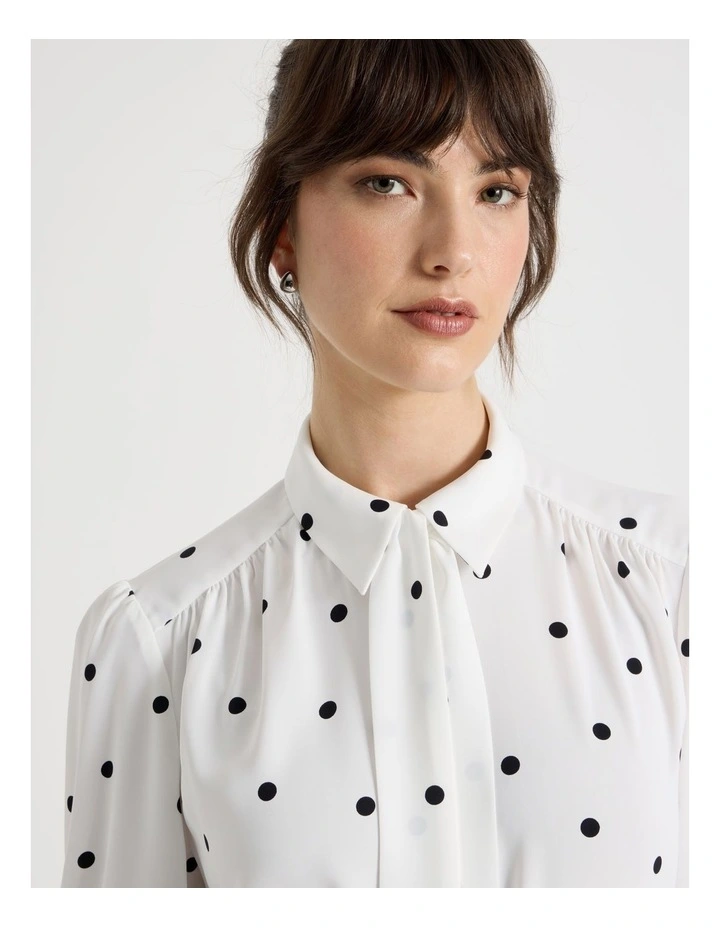 Long Sleeve Georgette Blouse in White and Black Polka Dot Print image 7