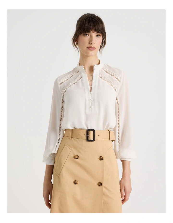 Long Sleeve Lace Trim Blouse in White image 2