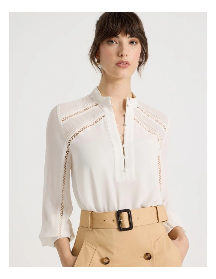Long Sleeve Lace Trim Blouse in White image 4