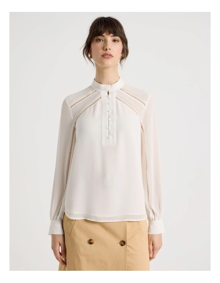 Long Sleeve Lace Trim Blouse in White image 5