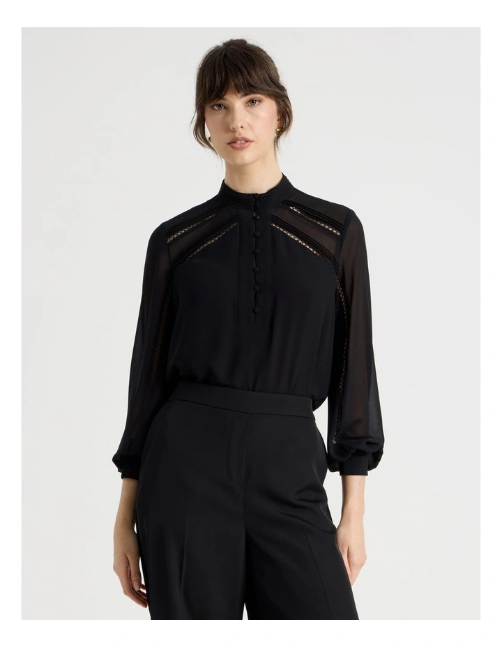 Long Sleeve Lace Trim Blouse in Black image 1