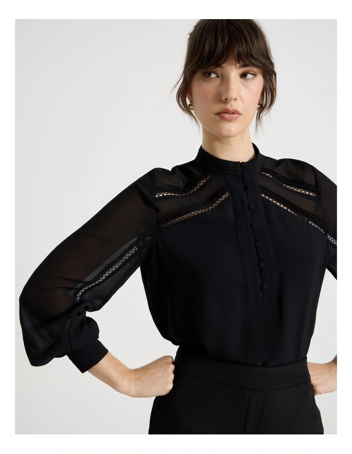Long Sleeve Lace Trim Blouse in Black image 2