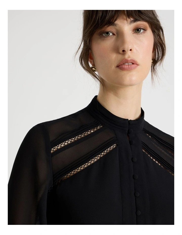 Long Sleeve Lace Trim Blouse in Black image 4