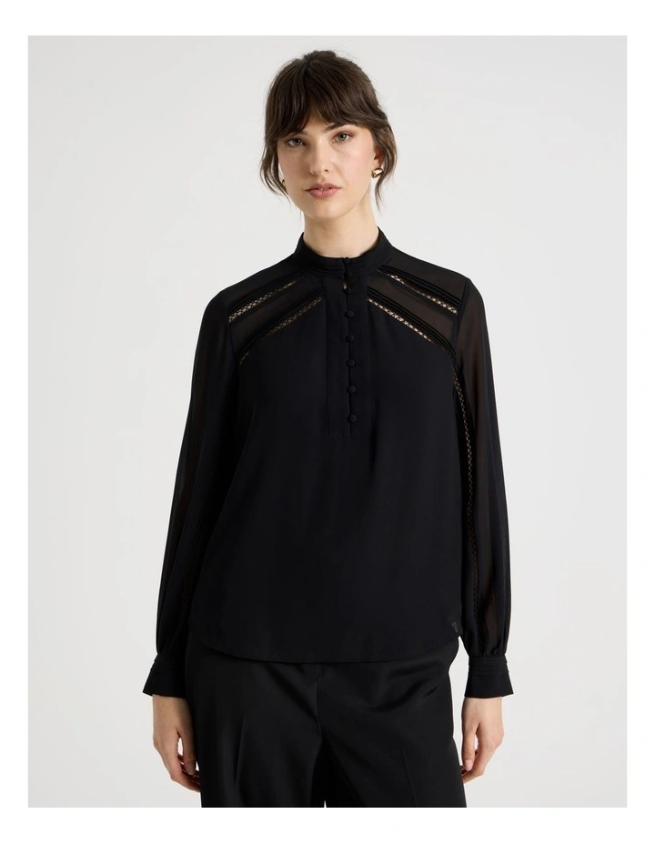Long Sleeve Lace Trim Blouse in Black image 5