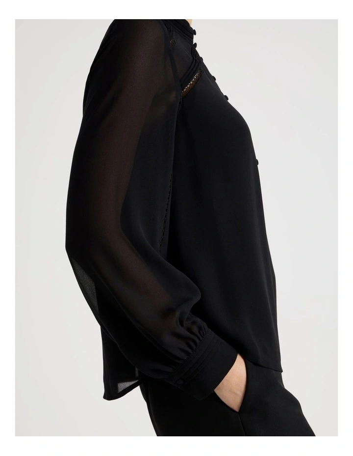Long Sleeve Lace Trim Blouse in Black image 7