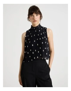 High Neck Sleeveless Top in Black and White Polka Dot Print