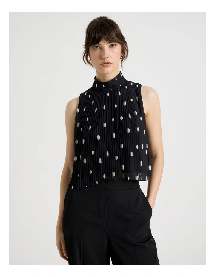High Neck Sleeveless Top in Black and White Polka Dot Print image 1