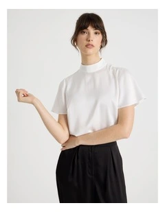 Short Sleeve High Neck Satin Top in Ecru
