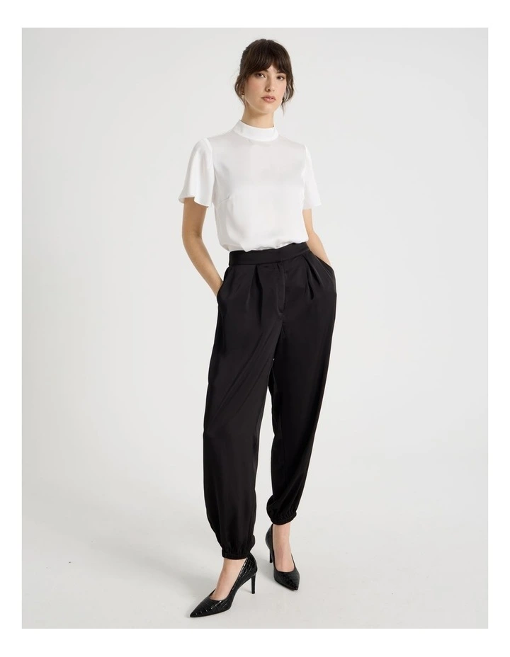 Short Sleeve High Neck Satin Top in Ecru image 2
