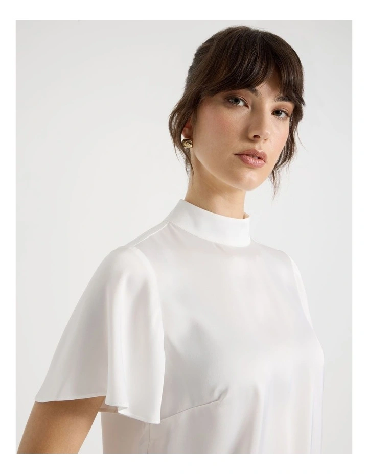 Short Sleeve High Neck Satin Top in Ecru image 3