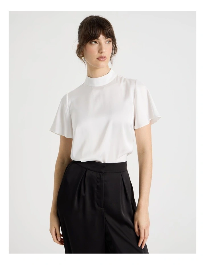 Short Sleeve High Neck Satin Top in Ecru image 4