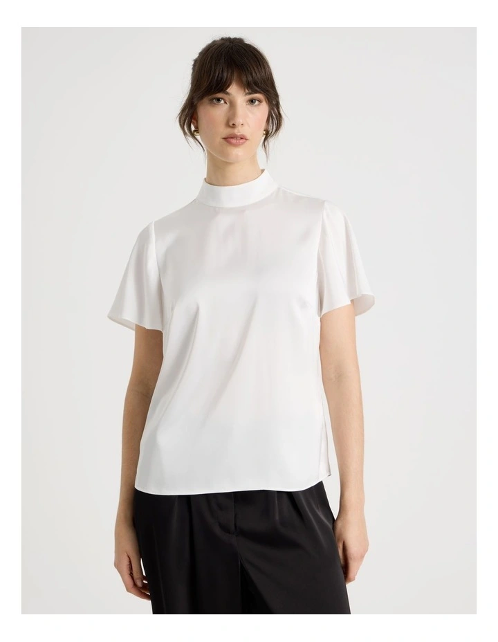 Short Sleeve High Neck Satin Top in Ecru image 5
