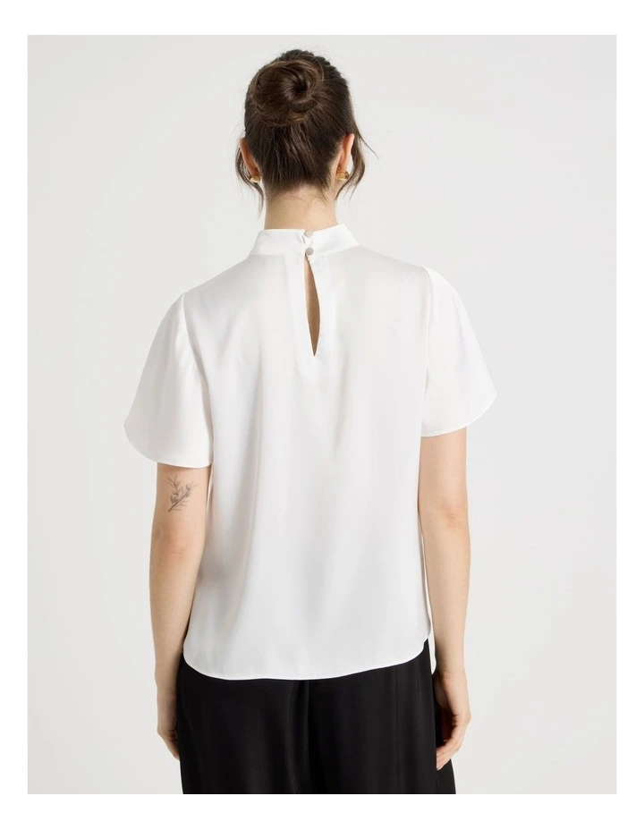 Short Sleeve High Neck Satin Top in Ecru image 6