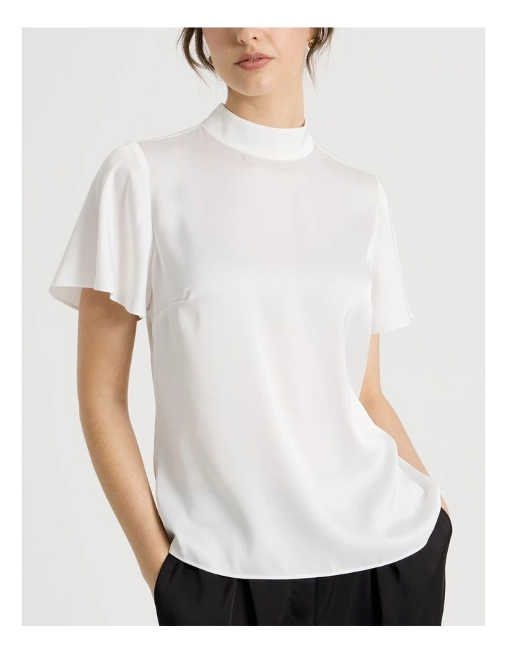 Short Sleeve High Neck Satin Top in Ecru image 7