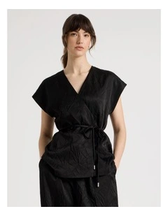Short Sleeve Acetate Wrap Vest in Black