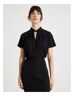 Short Sleeve Tuck V Neck Top in Black