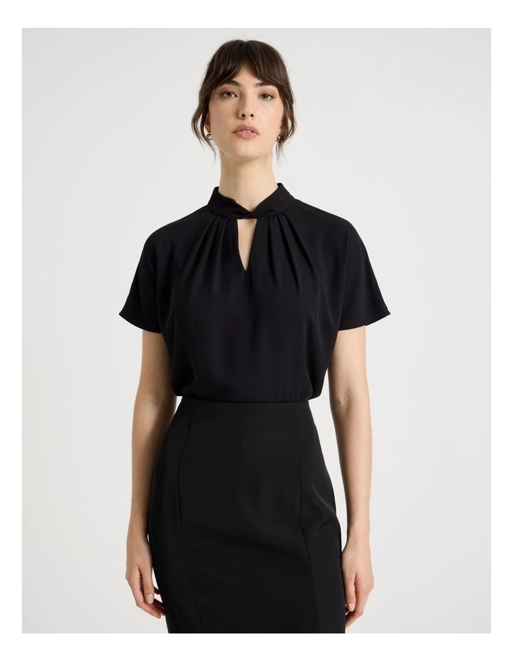 Short Sleeve Tuck V Neck Top in Black image 1