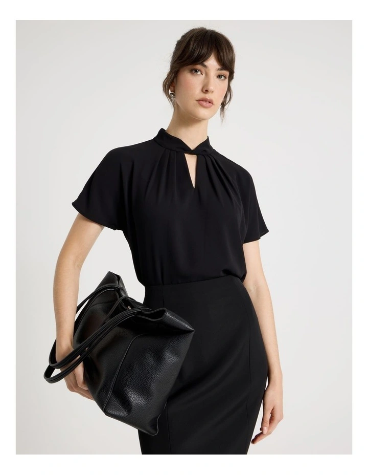 Short Sleeve Tuck V Neck Top in Black image 3