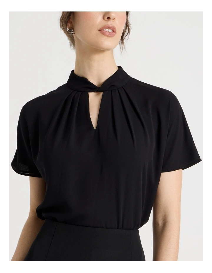 Short Sleeve Tuck V Neck Top in Black image 4
