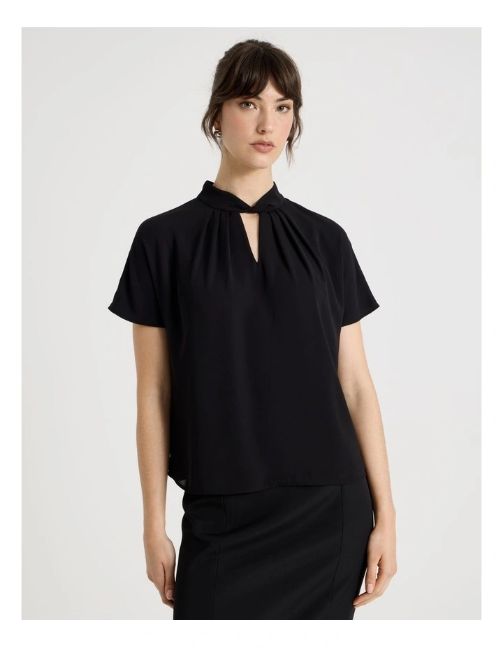 Short Sleeve Tuck V Neck Top in Black image 5
