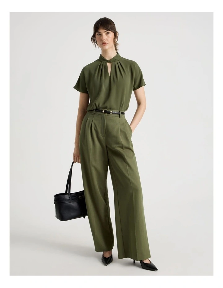 Short Sleeve Tuck V Neck Top in Dark Green image 2