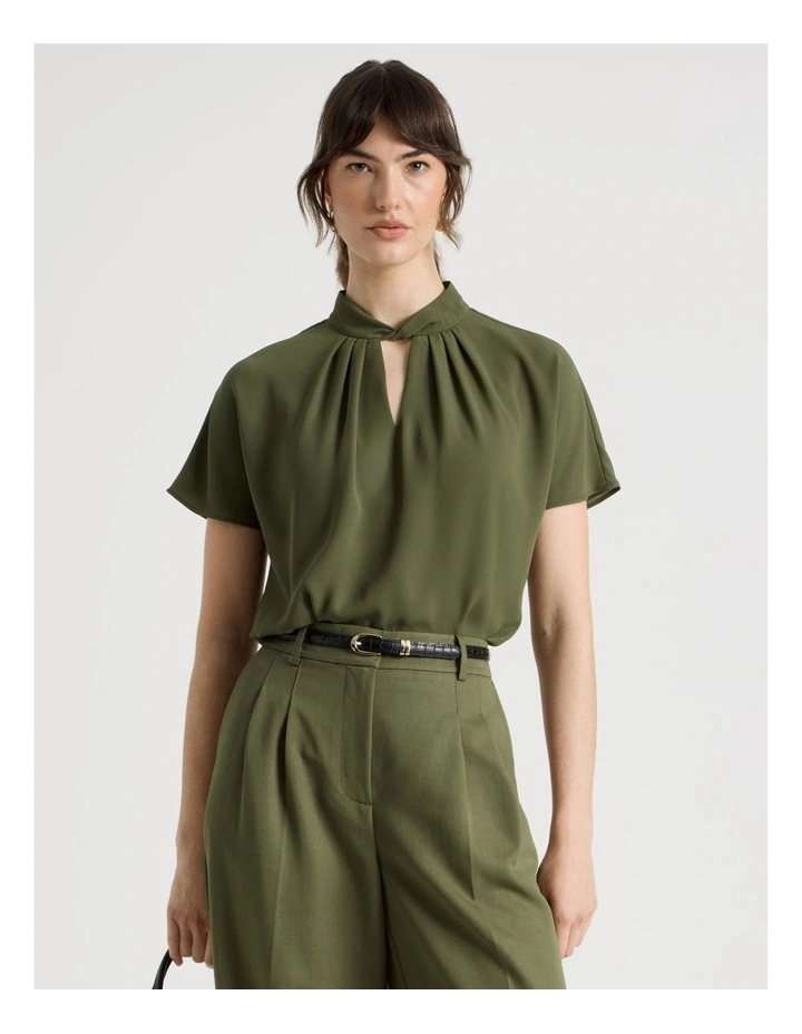 Short Sleeve Tuck V Neck Top in Dark Green image 3