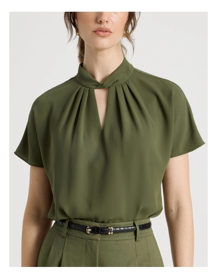 Short Sleeve Tuck V Neck Top in Dark Green image 4