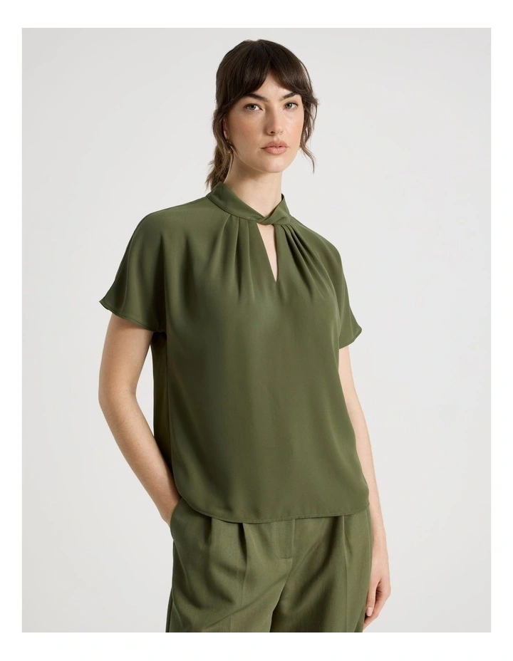 Short Sleeve Tuck V Neck Top in Dark Green image 5