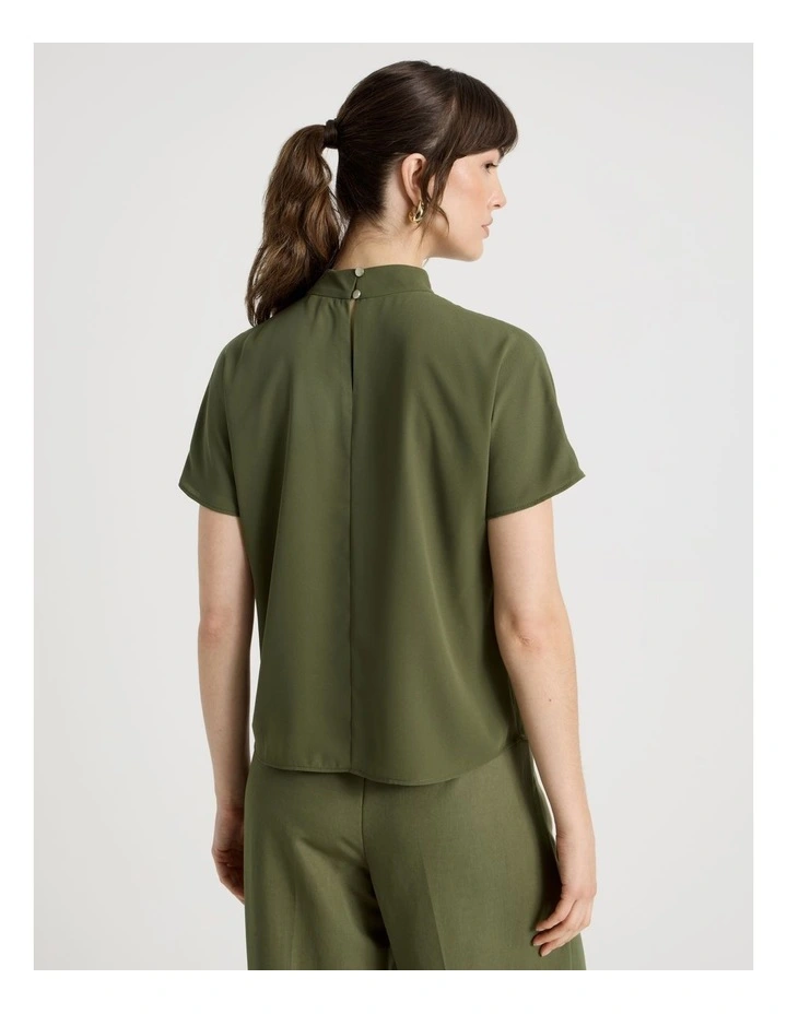 Short Sleeve Tuck V Neck Top in Dark Green image 6