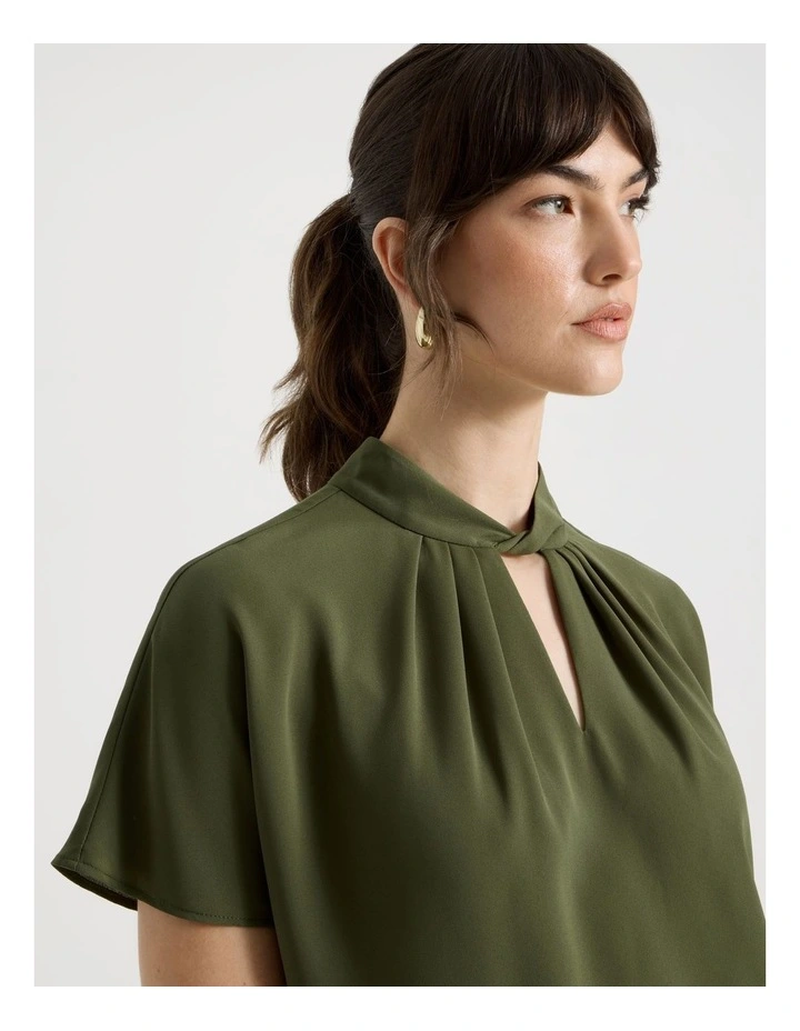 Short Sleeve Tuck V Neck Top in Dark Green image 7