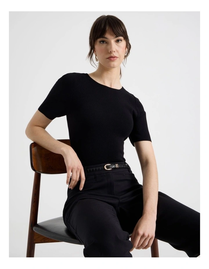 Short Sleeve Knit Tee in Black image 2