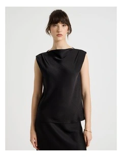 Sleeveless Poly Satin Top in Black