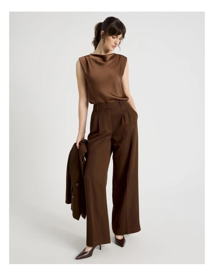 Sleeveless Poly Satin Top in Brown image 2