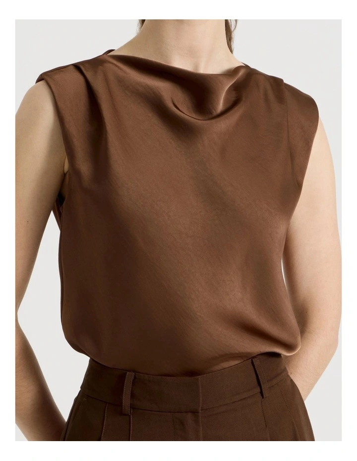 Sleeveless Poly Satin Top in Brown image 3