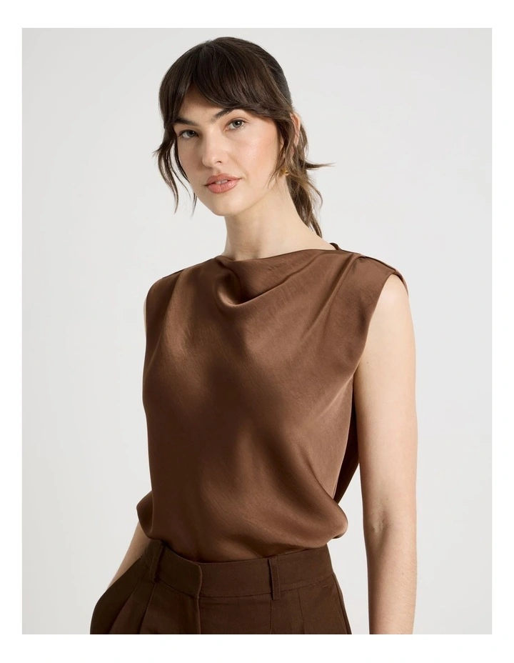 Sleeveless Poly Satin Top in Brown image 4