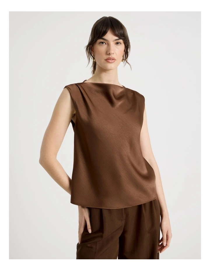 Sleeveless Poly Satin Top in Brown image 5