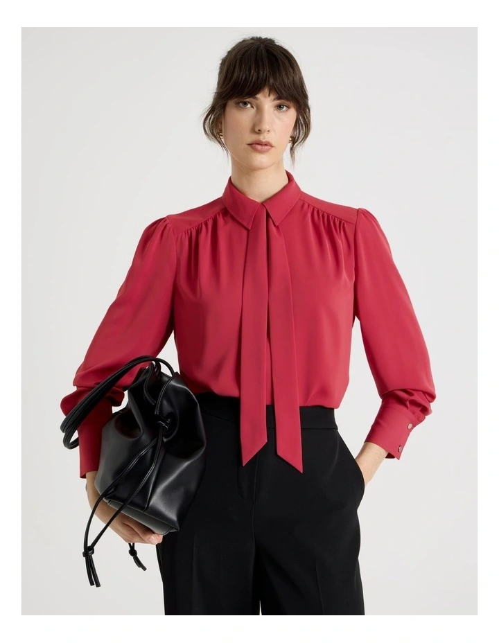 Long Sleeve Tie Blouse in Cardinal image 1
