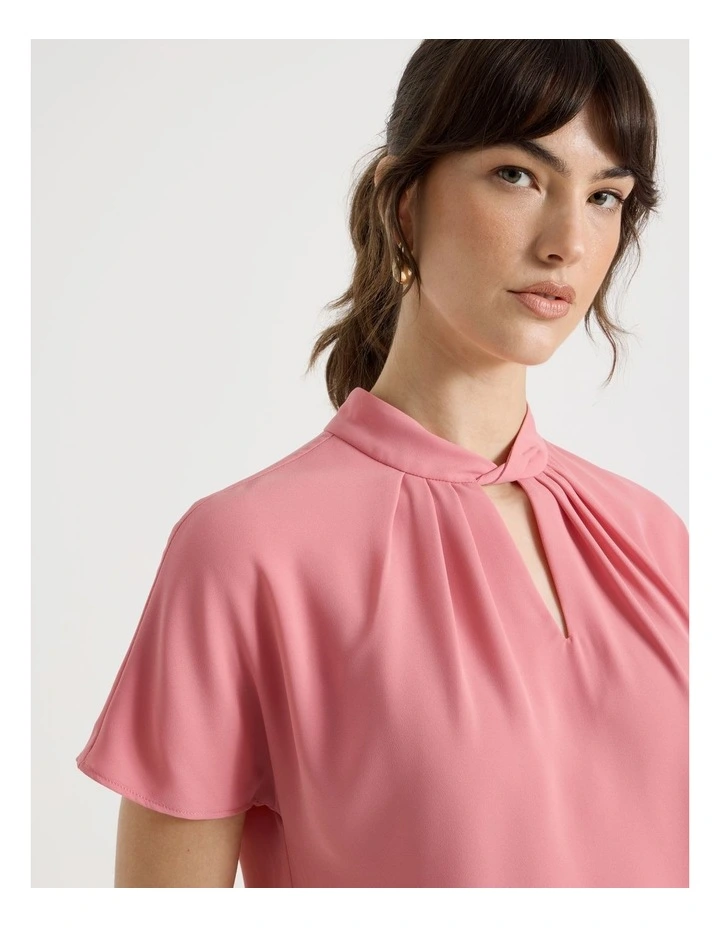 Short Sleeve Tuck V Neck Top in Pink image 2